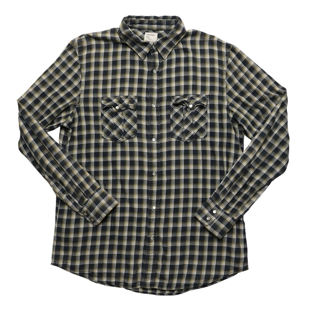 Old Navy Mens Large Olive Green Plaid Western Snap Flannel Shirt